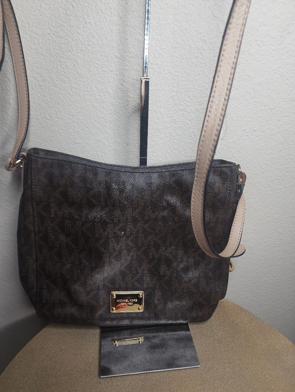 Michael Kors Brown Logo Crossbody with Beige Strap and Gold Plate